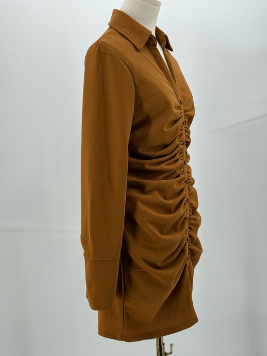 Mi a mi For Francesca’s Caramel Ruched Button-Front Shirt Bodycon Mini Dress - Picture 5 of 13